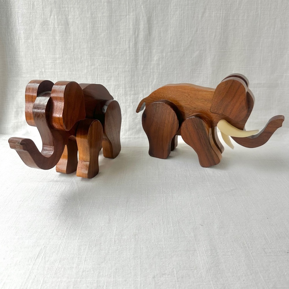 Vintage Mid Century Carved Wood Elephant Pair 1960s 70s Modernist Sculptures